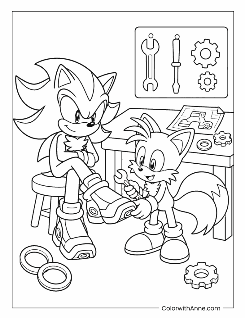 Shadow and Tails Workshop Repair Coloring Page