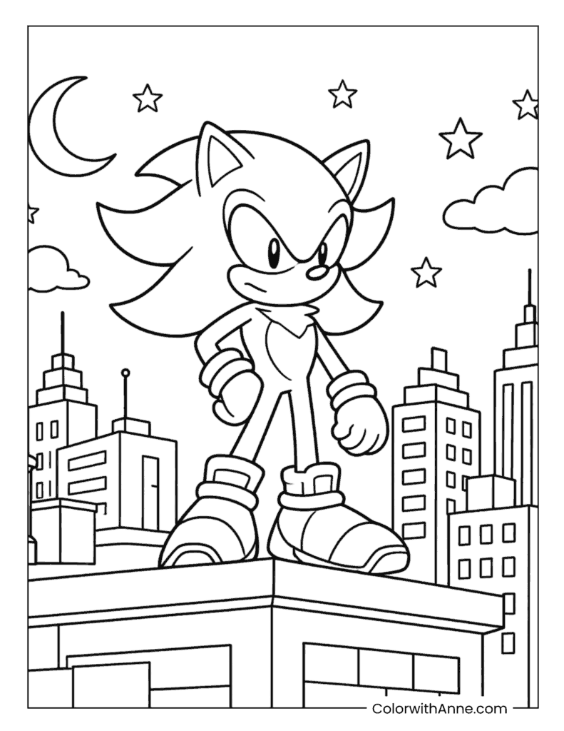 Shadow the Hedgehog on the City Rooftop Coloring Page