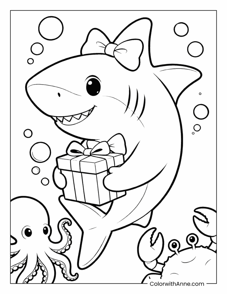 Shark Holding a Gift Box with Octopus and Crab Coloring Page