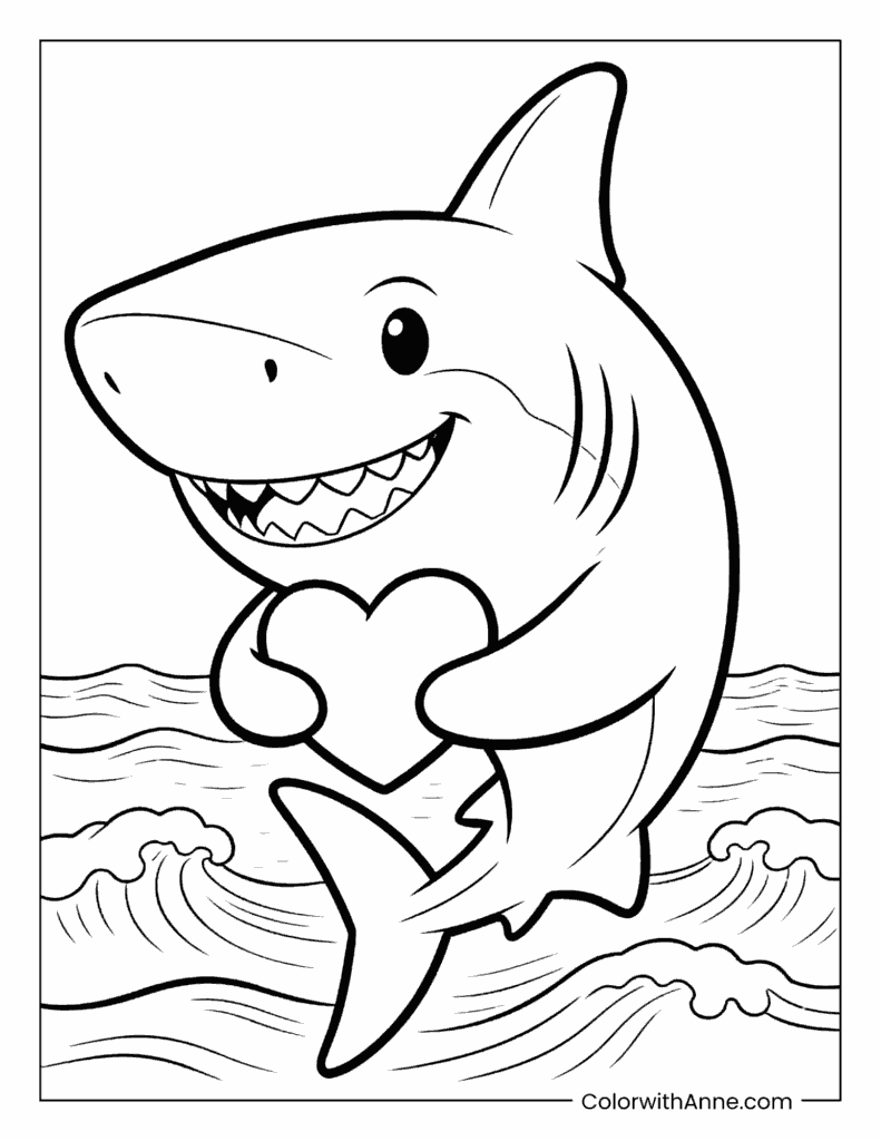 Shark Holding a Heart and Jumping Over Waves Coloring Page