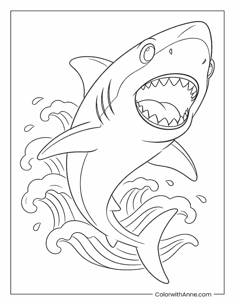 Shark Jumping Out of the Ocean Waves Coloring Page