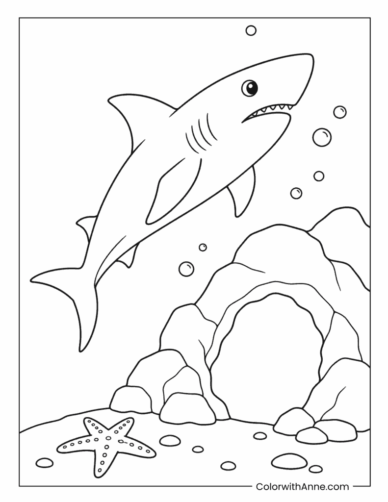 Shark Swimming Above an Underwater Cave Coloring Page