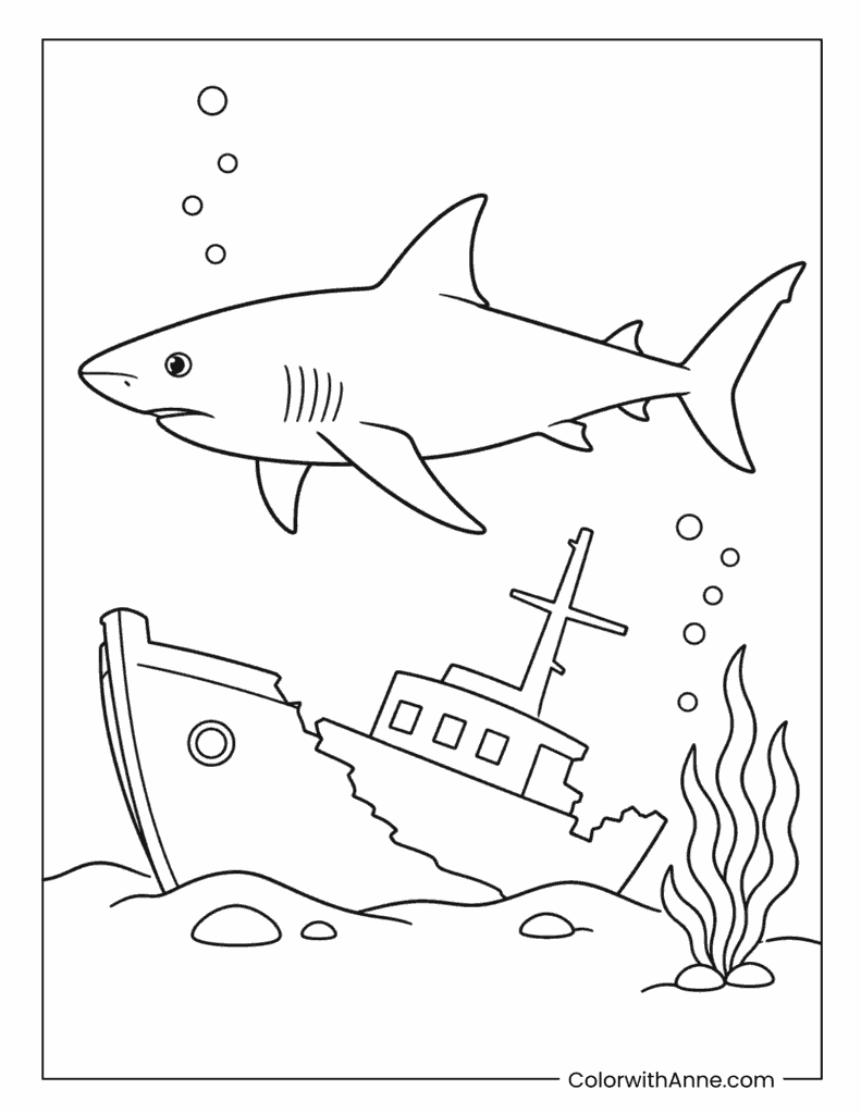 Shark Swimming Above an Underwater Shipwreck Coloring Page