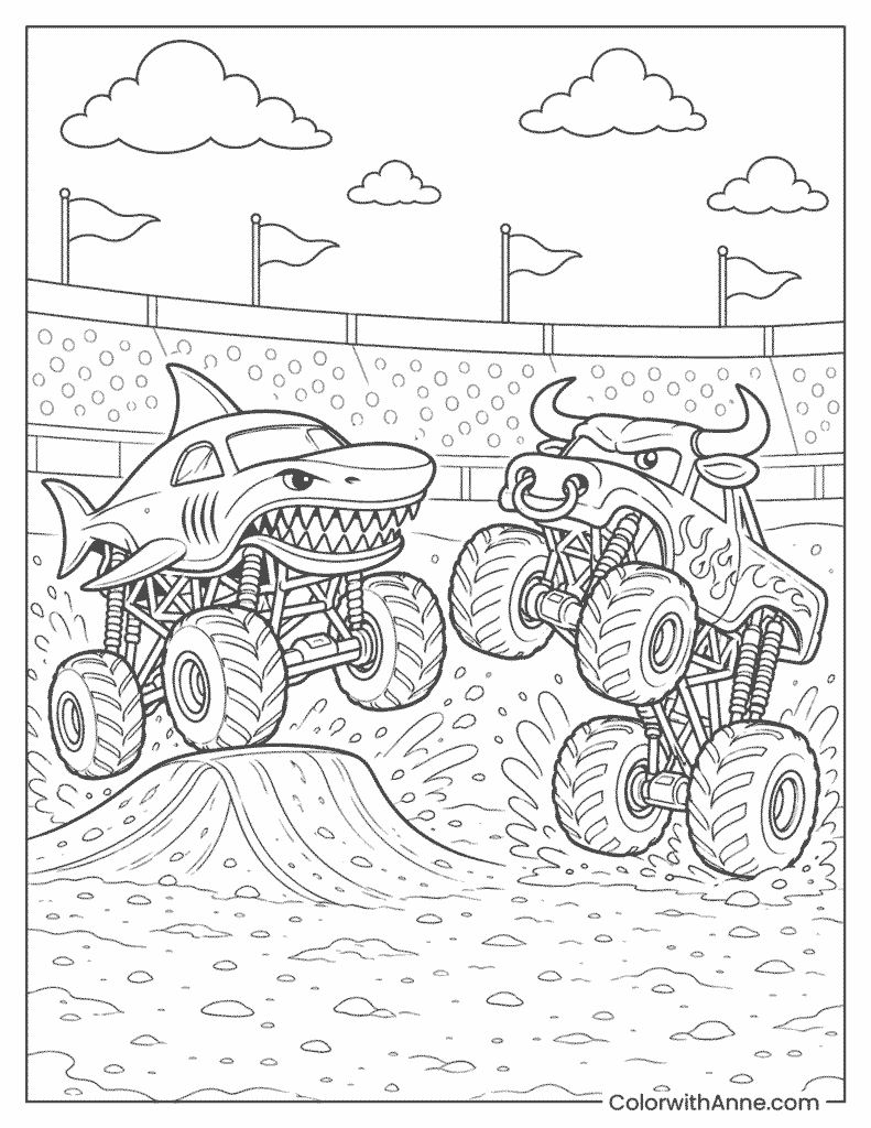 Shark and Bull Truck Showdown Coloring Page