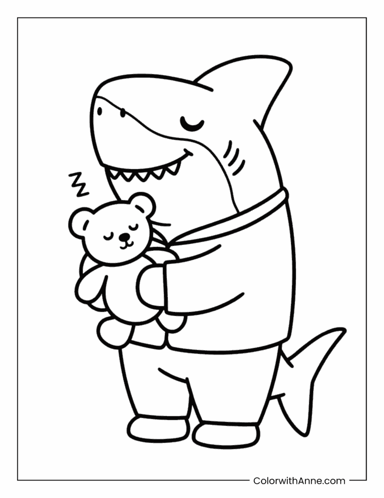 Shark in PJs Holding a Teddy Coloring Page