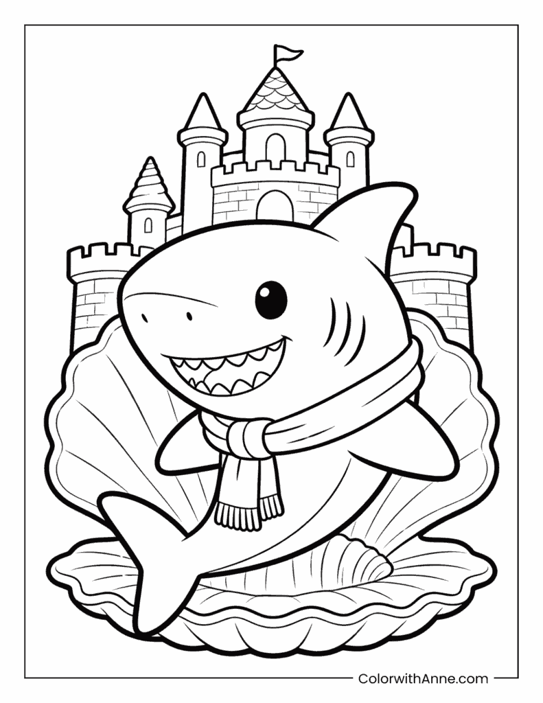 Shark in a Shell with Castle Background Coloring Page
