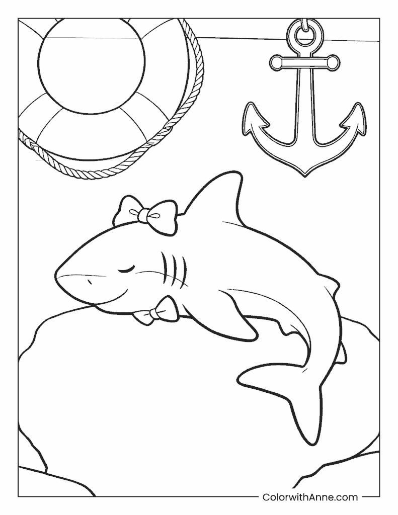 Shark with Bow Tie and Lifebuoy Coloring Page