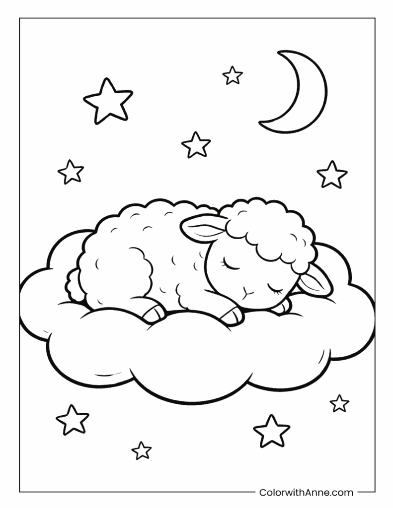 Sheep Sleeping Peacefully on a Cloud Night Sky Coloring Page