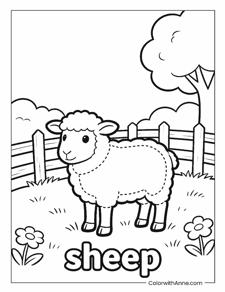 Sheep Standing by Wooden Fence Simple Coloring Page