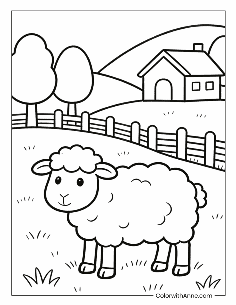 Sheep by Fence with Countryside Hills and House Coloring Page
