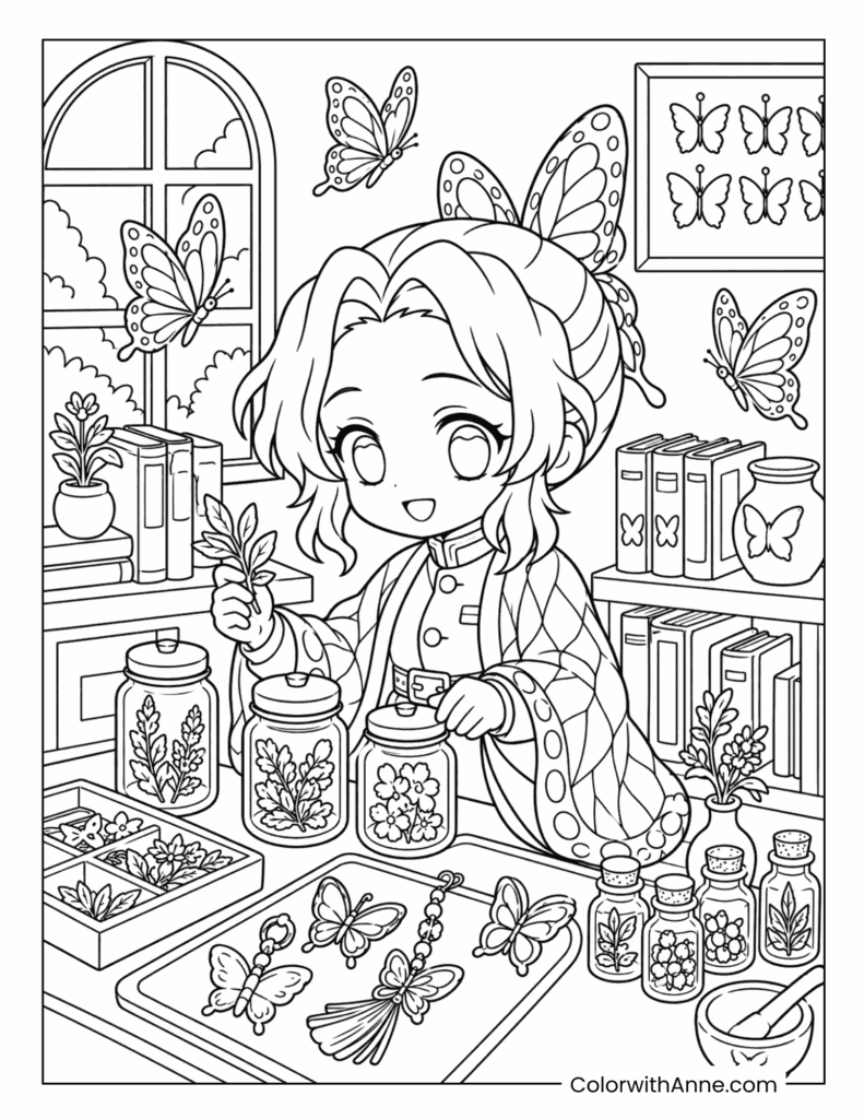 Shinobu Preparing Herbs and Butterfly Charms Coloring Page