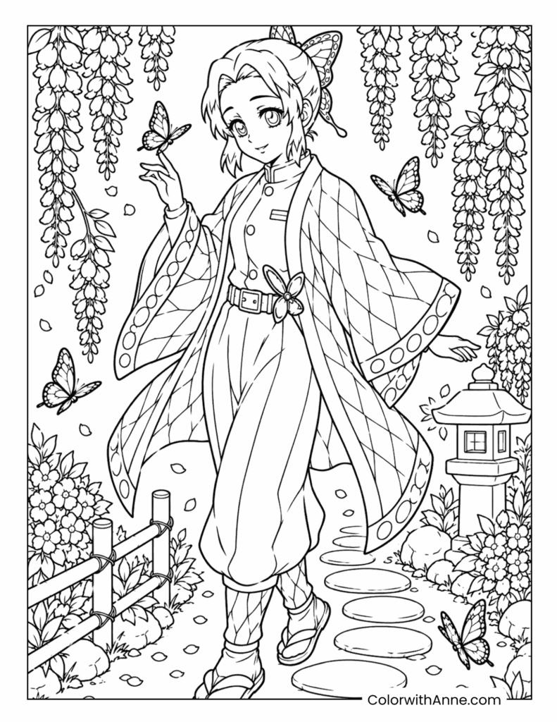 Shinobu Walking Through a Wisteria Garden with Butterflies Coloring Page
