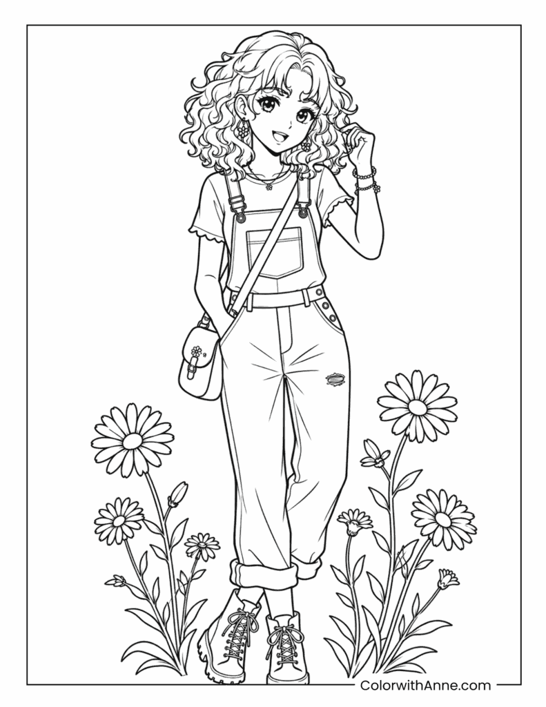 Short Curly-Haired Anime Girl in a Daisy Garden Coloring Page