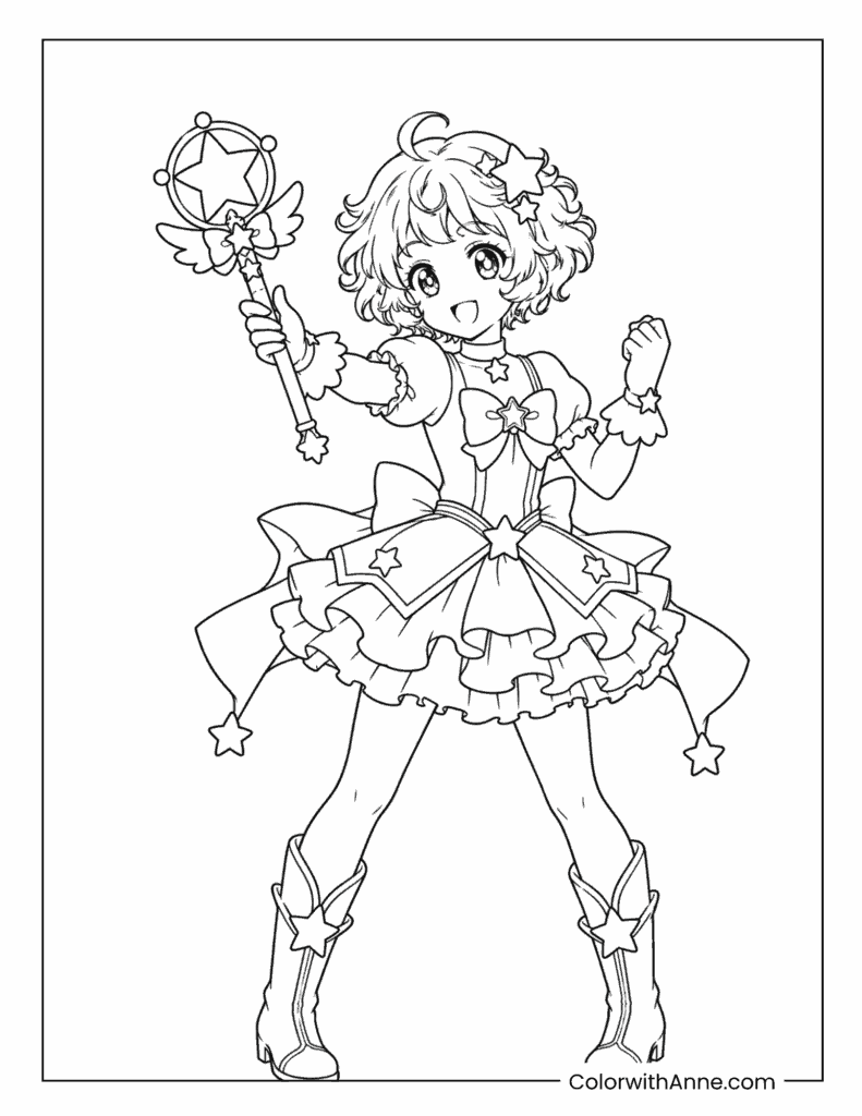 Short Hair Magical Anime Idol Girl with Star Wand Coloring Page