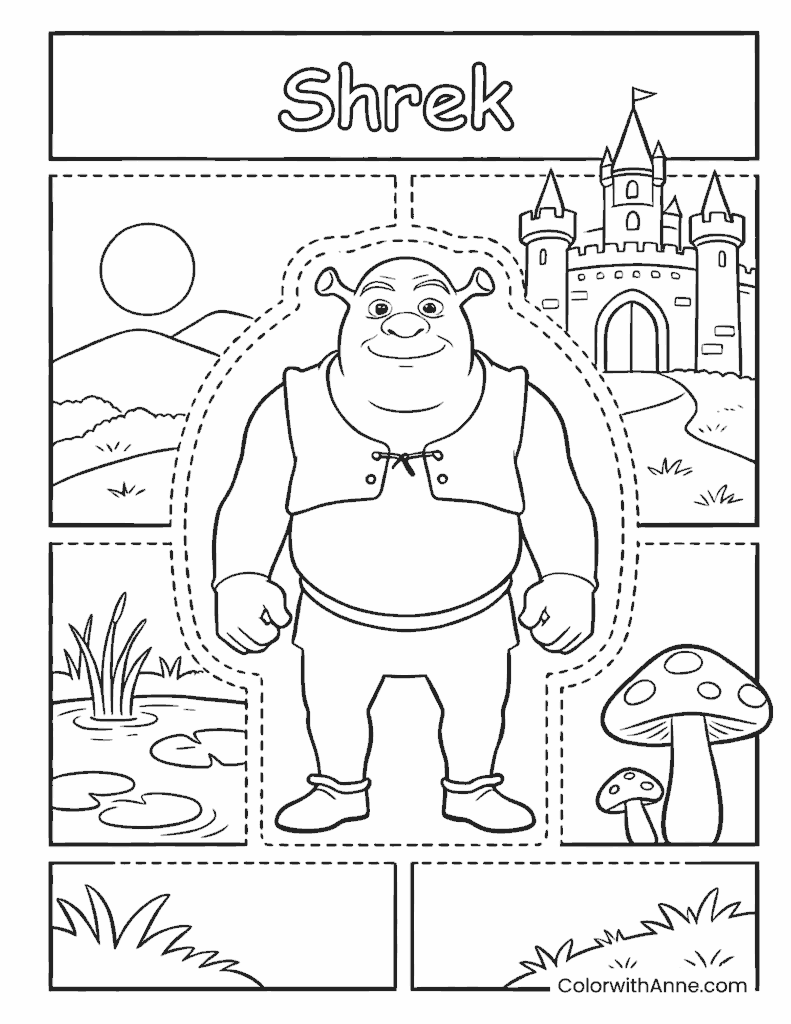 Shrek and Fairytale Castle Scene Coloring Page
