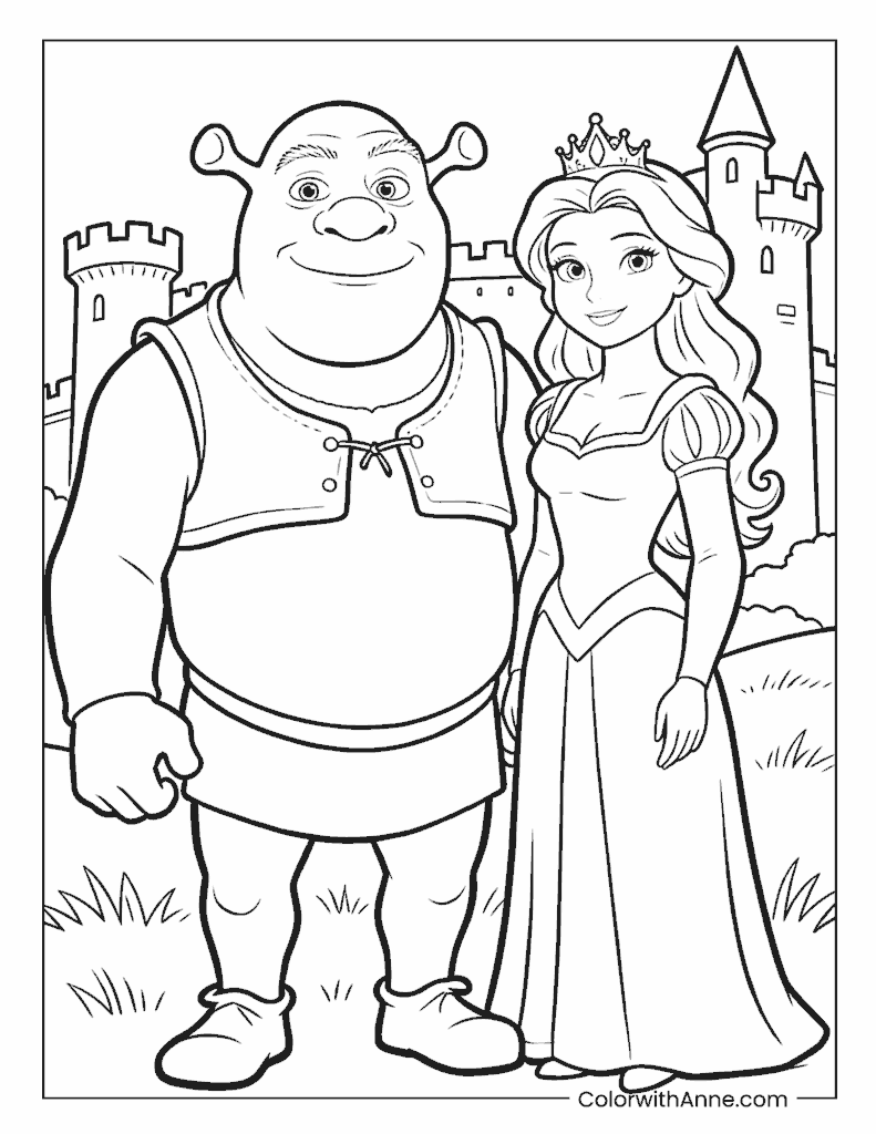 Shrek and Princess Fiona with Castle Coloring Page
