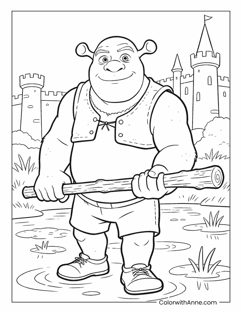 Shrek with His Staff by the Castle Coloring Page