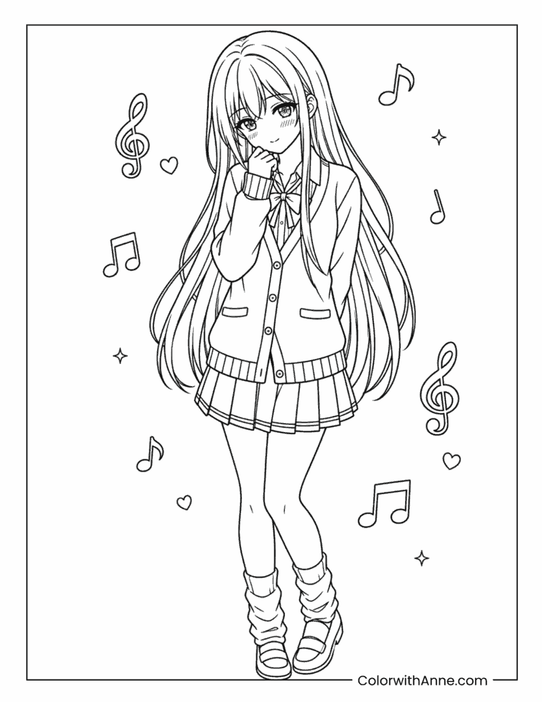 Shy Schoolgirl Anime Coloring Page