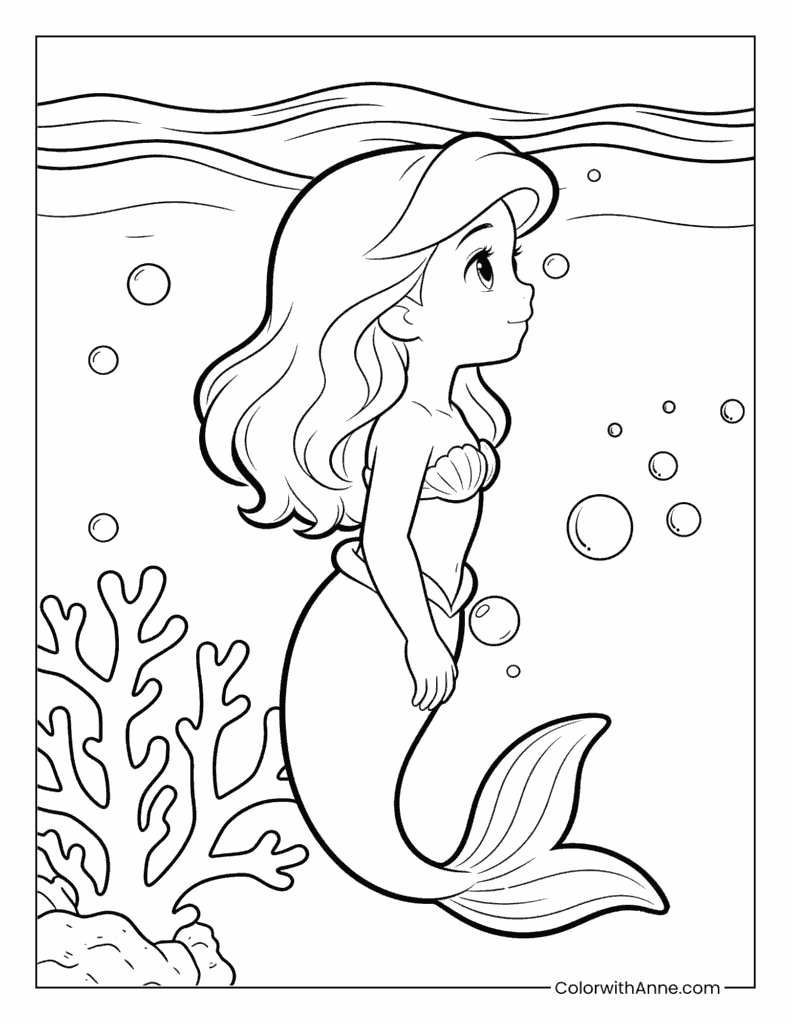Side-View Mermaid and Bubbles Coloring Page