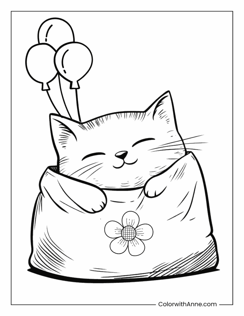 Silly Cat Hiding in a Paper Bag Coloring Page