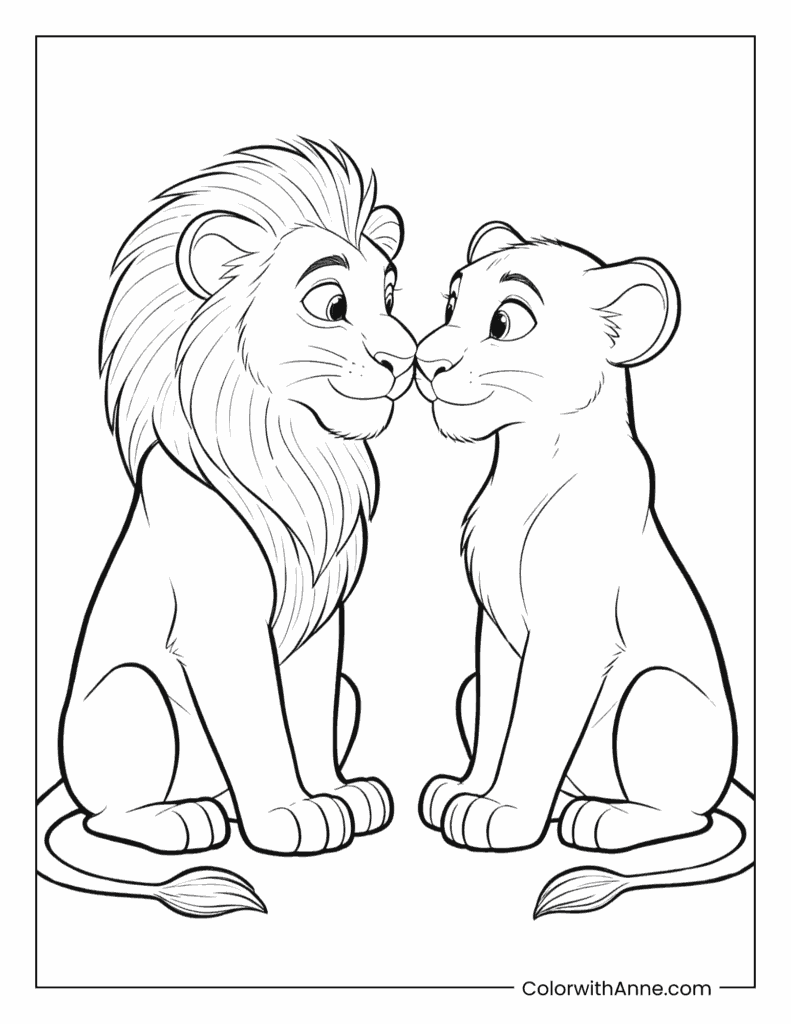 Simba and Nala Touching Noses Coloring Page