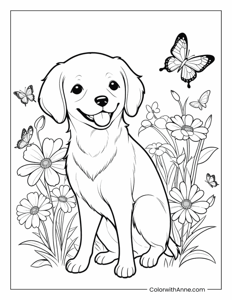Similing Puppy with Flowers and Butterflies Coloring Page