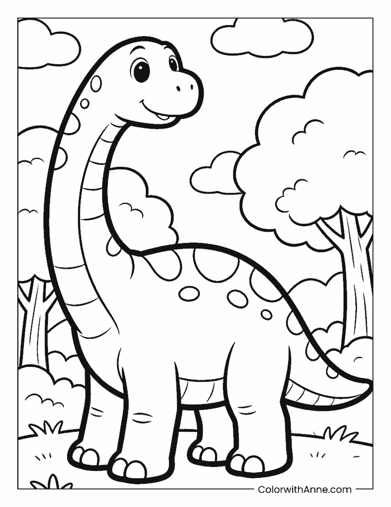 Simple Cartoon Brachiosaurus with Trees and Clouds Coloring Page