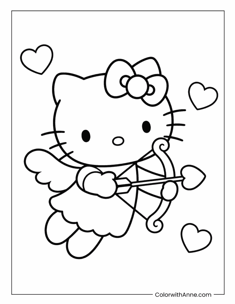 Simple Cupid Hello Kitty Valentine's Day Coloring Page