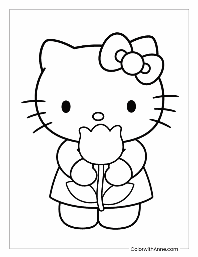 Simple Hello Kitty Holding a Spring Tulip Coloring Page