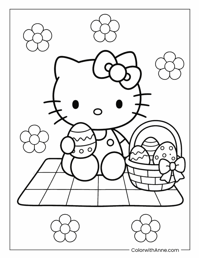 Simple Hello Kitty Sitting on a Picnic Blanket with Easter Basket Coloring Page