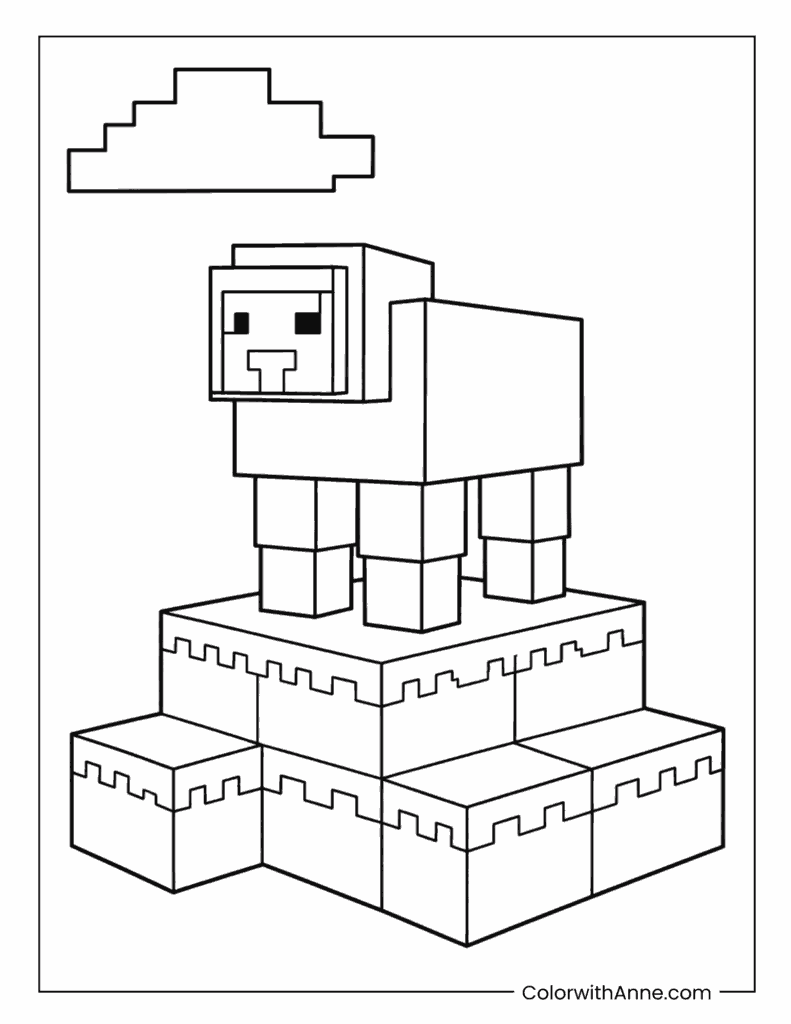 Simple Minecraft Sheep Standing on Grass Blocks Coloring Page