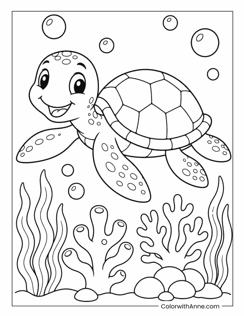 Simple Sea Turtle Swimming Above Coral Coloring Page for Kids