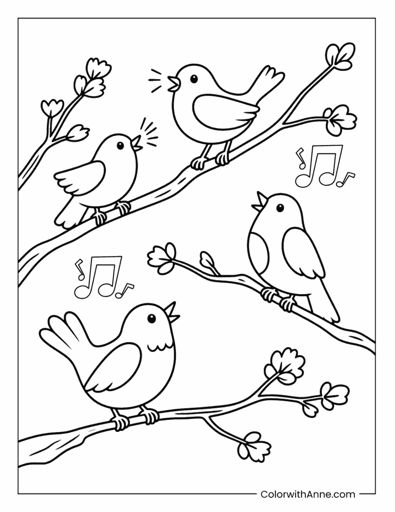 Singing Birds on Branches Spring Coloring Page