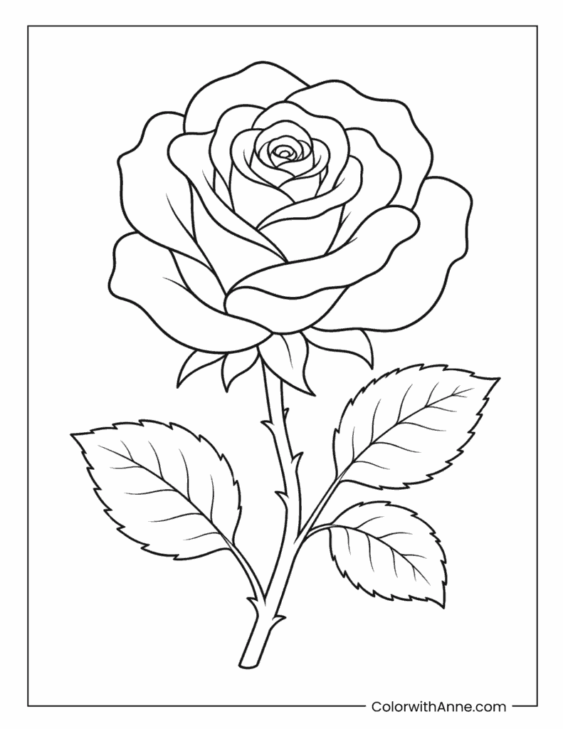 Single Rose Flower with Leaves Coloring Page