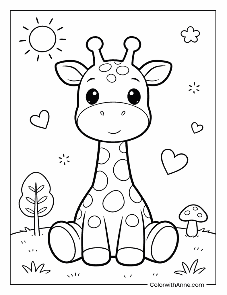 Sitting Giraffe in a Sunny Scene Coloring Page