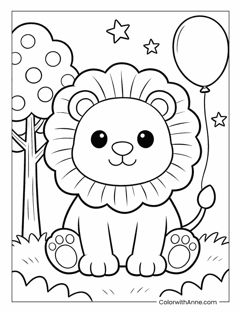 Sitting Lion with a Balloon and a Tree Coloring Page