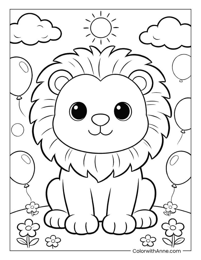 Sitting Lion with the Sun, Clouds, and Balloons Coloring Page