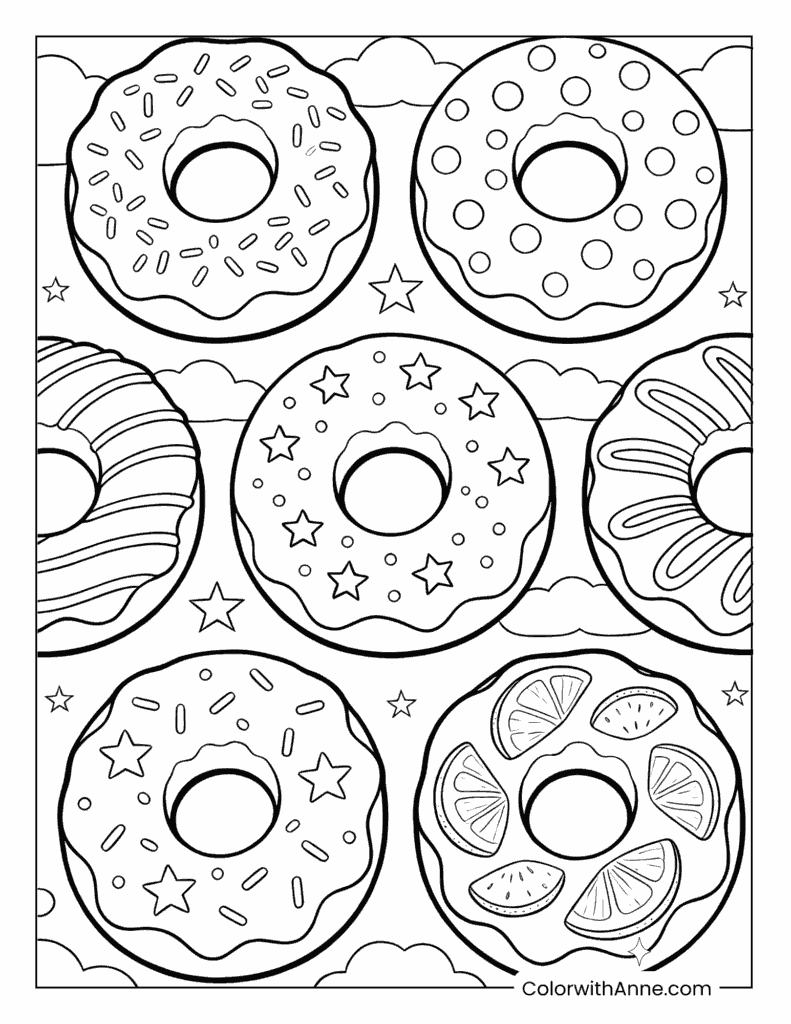 Six Donuts with Starry Background Coloring Page