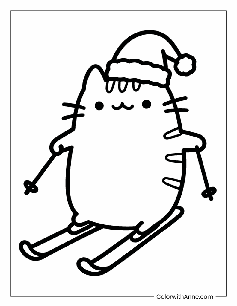 Skiing Pusheen with Christmas Hat Coloring Page