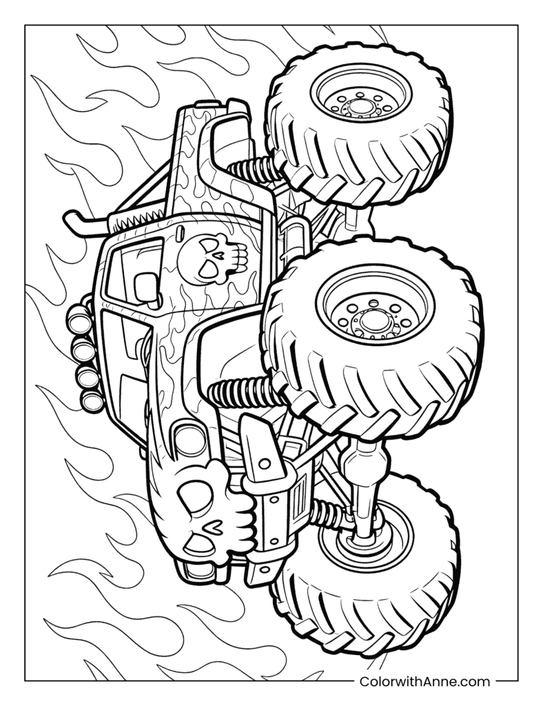Skull-Themed Monster Truck with Flames Coloring Page