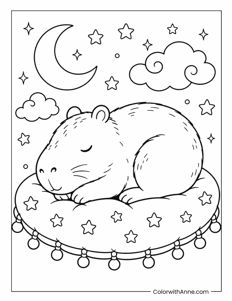 Sleeping Capybara Moonlight Coloring Page