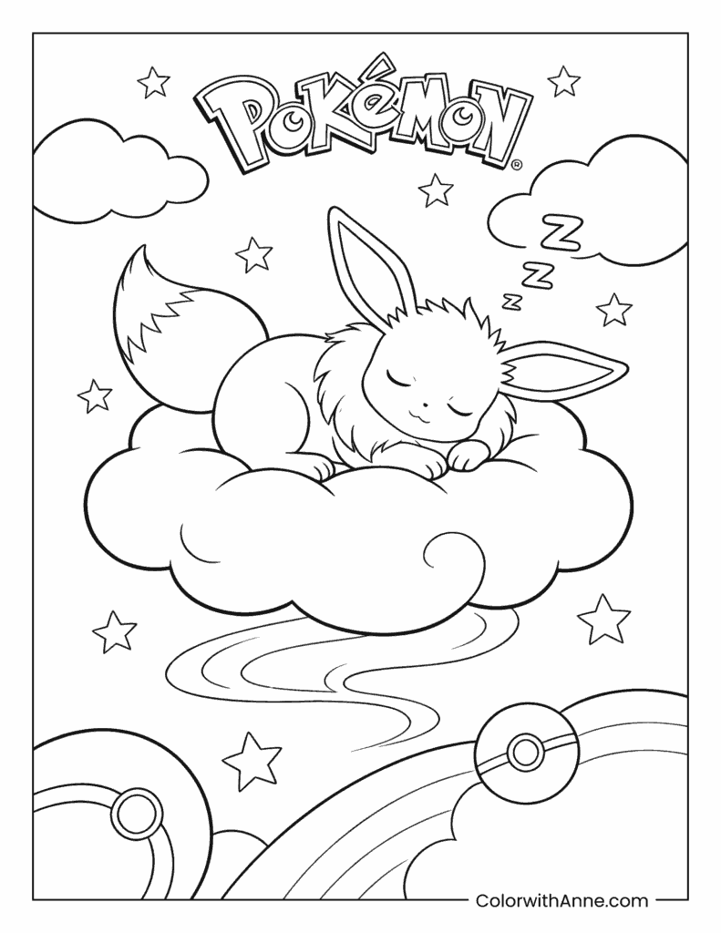 Sleeping Eevee on a Cloud Coloring Page