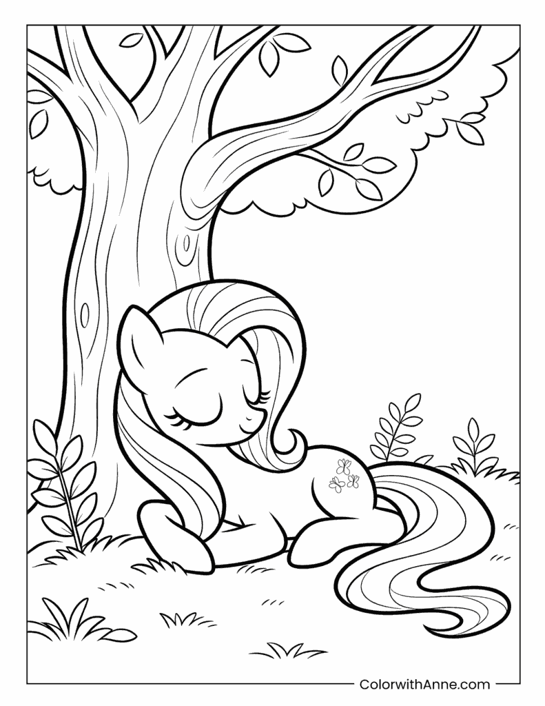 Sleeping Fluttershy Under a Tree Coloring Page