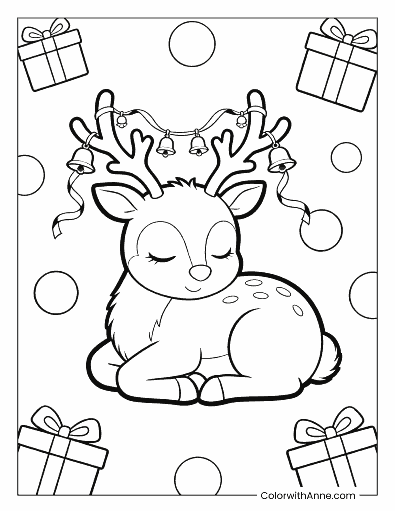 Sleeping Reindeer with Bells and Christmas Gifts Coloring Page