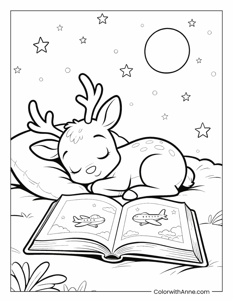 Sleeping Rudolph on a Starry Night Coloring Page