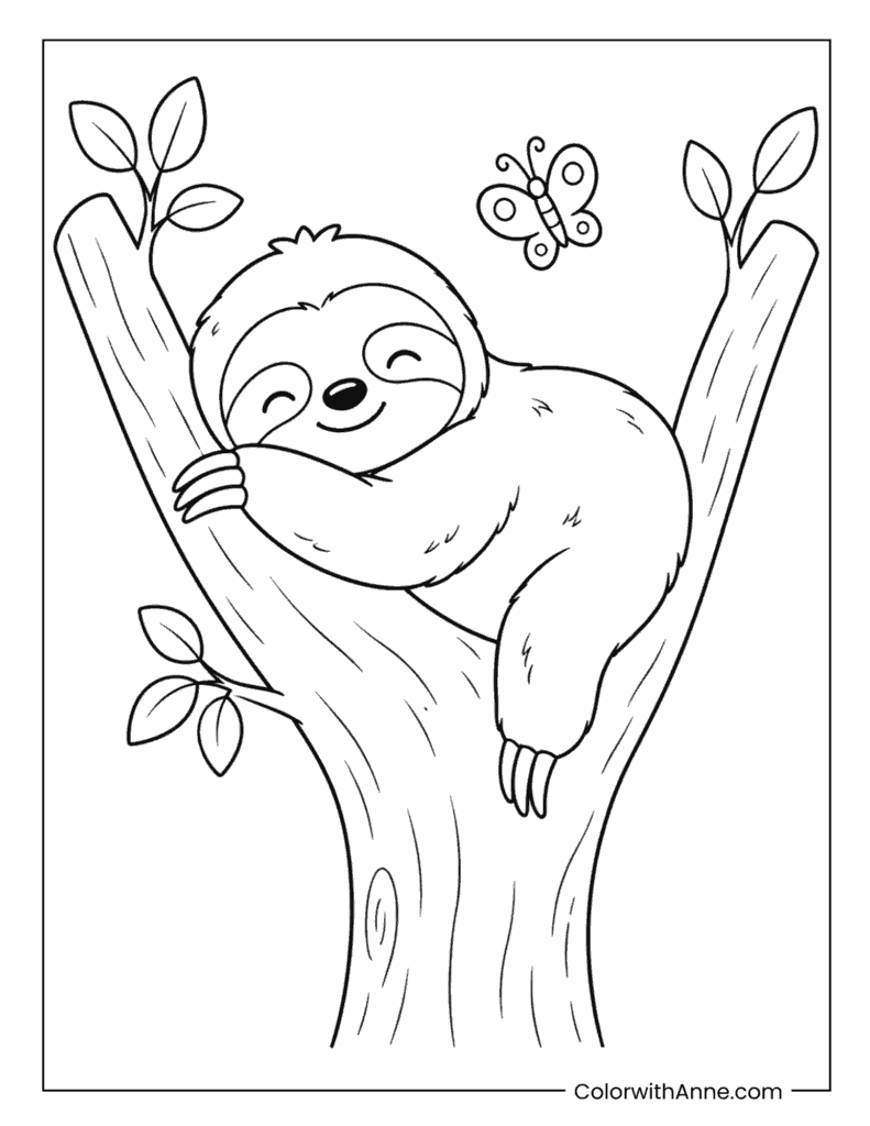 Easy Sloth Resting on a Tree Branch Coloring Page for Kids