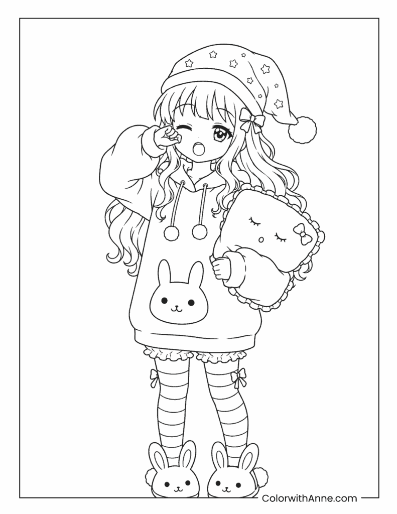 Sleepy Anime Girl in Pajamas with a Pillow Coloring Page