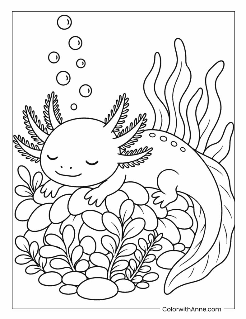 Sleepy Axolotl on a Pebble Bed Coloring Page