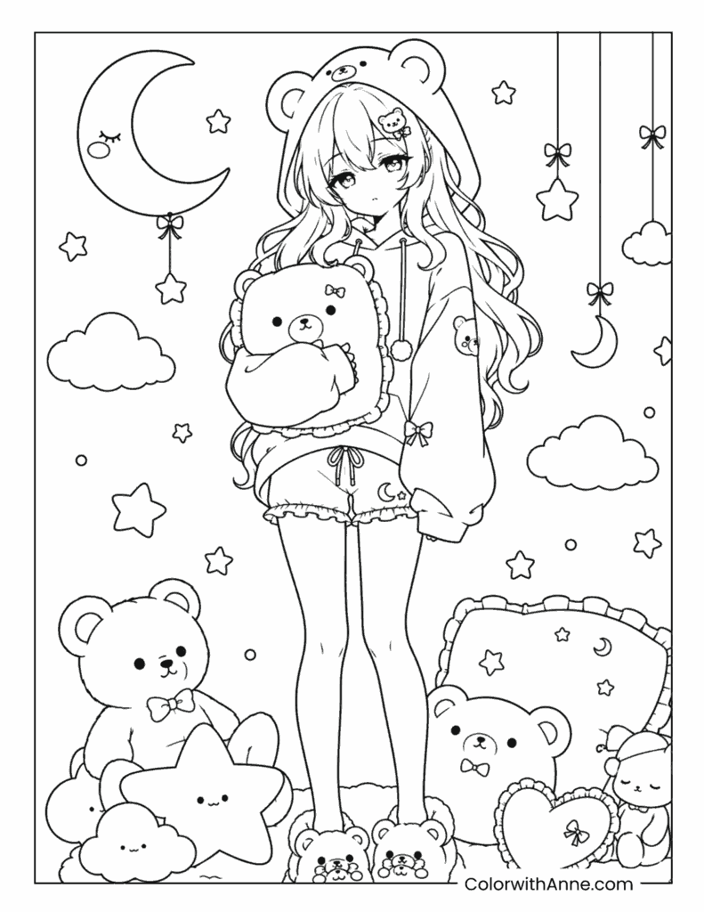 Sleepy Bear Pajama Anime Girl Coloring Page