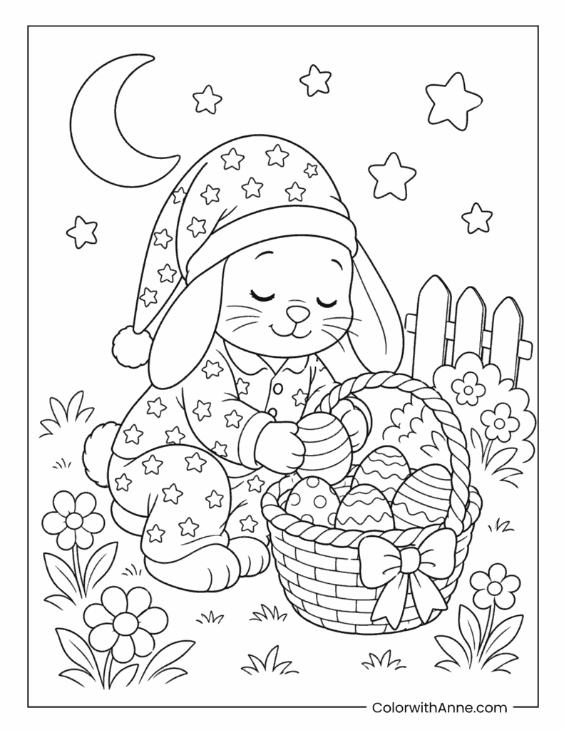 Sleepy Easter Bunny with an Egg Basket Coloring Page